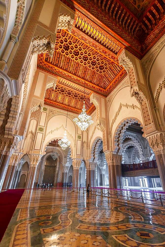 Interior view, prayer hall decorated with ornaments, Hassan II Mosque, Grande Mosquee Hassan II, Moorish architecture, Casablanca, Morocco, Africa