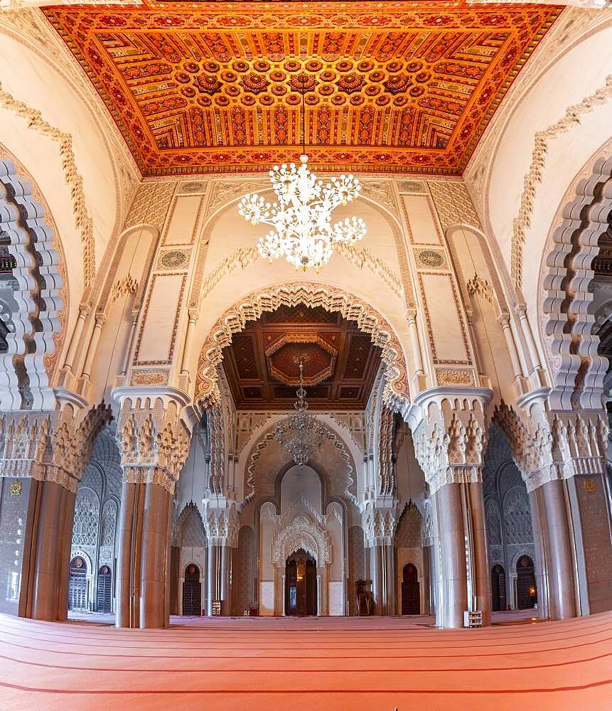 Interior view, prayer hall decorated with ornaments, Hassan II Mosque, Grande Mosquee Hassan II, Moorish architecture, Casablanca, Morocco, Africa