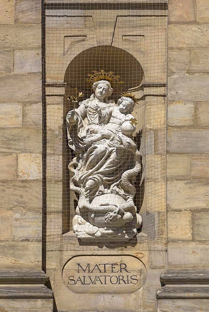 Sculpture of Maria Imaculata on the main facade of the parish church of St.Martin, Bamberg, Upper Franconia, Bavaria, Germany, Europe