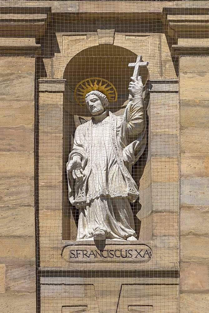 Sculpture of St. Francis on the main facade of the parish church of St.Martin, Bamberg, Upper Franconia, Bavaria, Germany, Europe