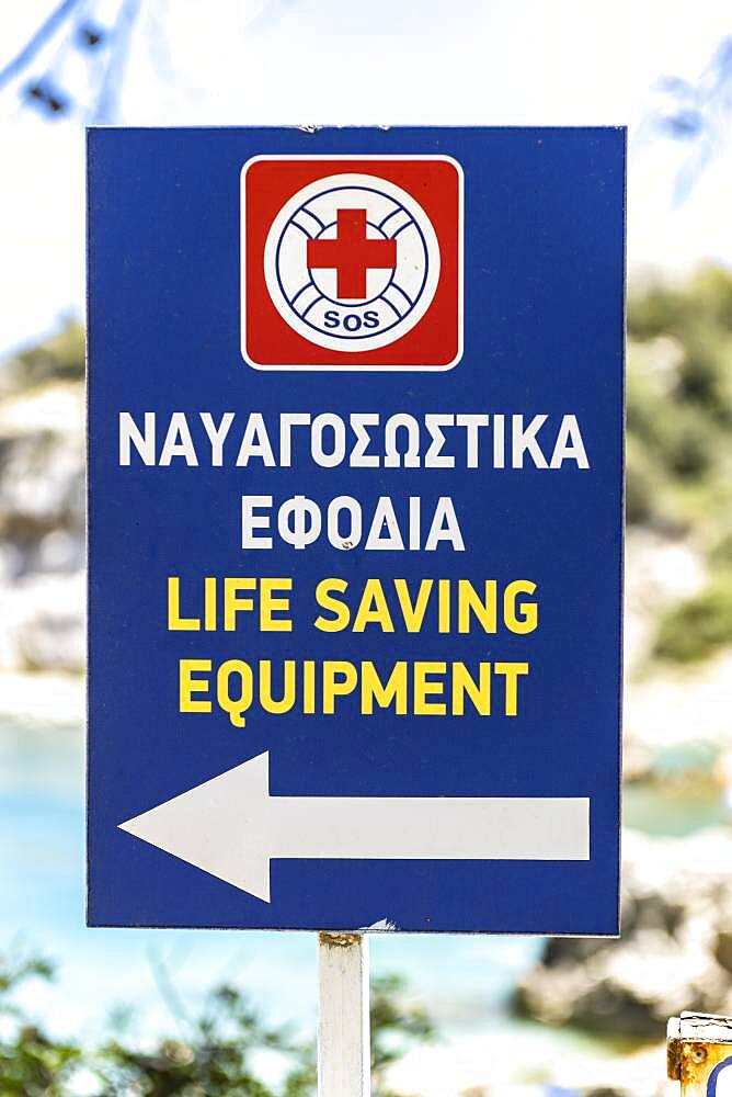 Sign for Life Saving Equipment on a beach, Rhodes, Greece, Europe