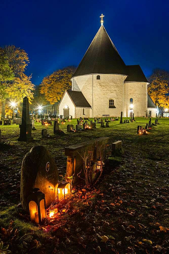 Hagby church at blue hour, Hagby Kyrka, Hagby, Sweden, Europe