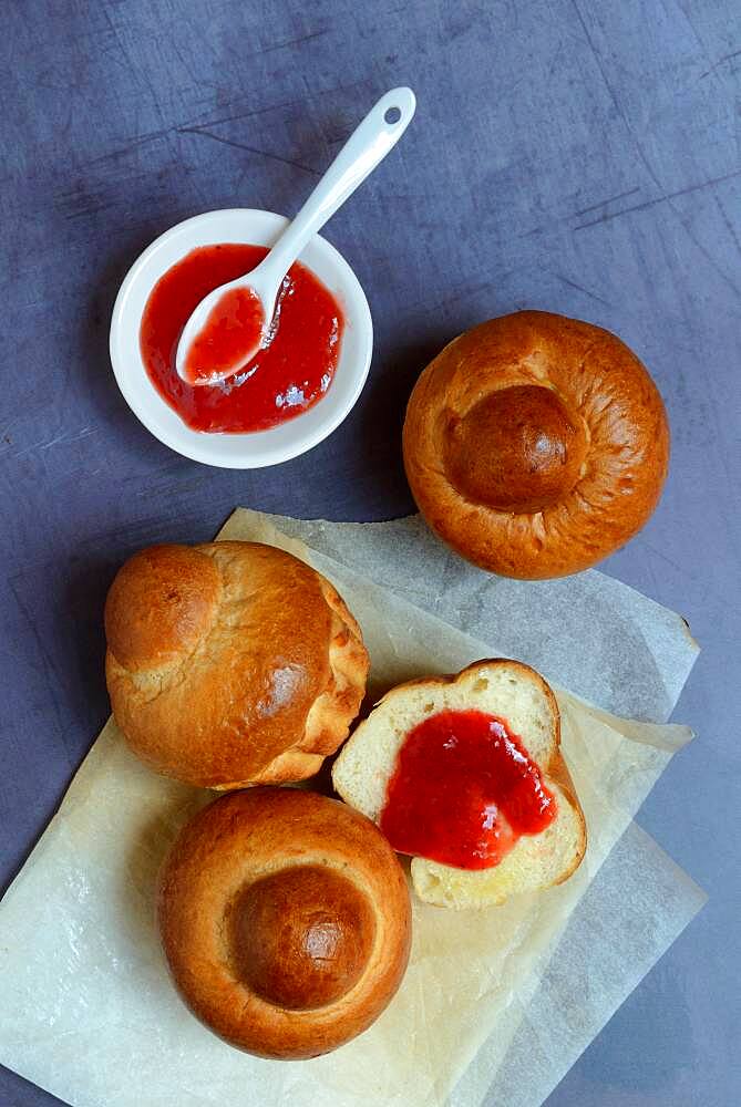 Brioche, brioches and small bowls with jam, Germany, Europe