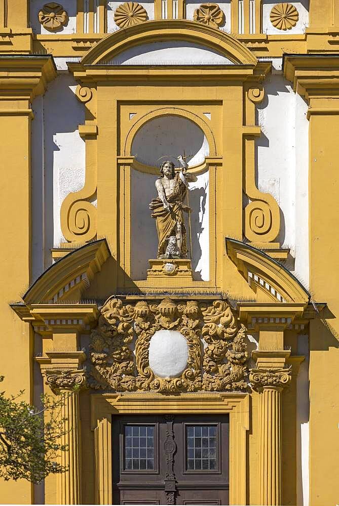 Jesus figure with lamb, on the facade of the protestant town church, baroque building from 1699, Kitzingen, Lower Franconia, Bavaria, Germany, Europe