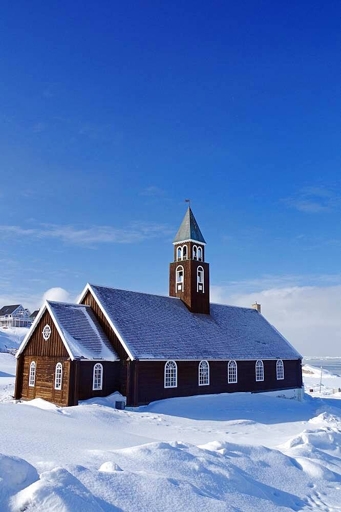 Wooden church in winter landscape, Zion Church, Ilulissat, Greenland, Denmark, North America