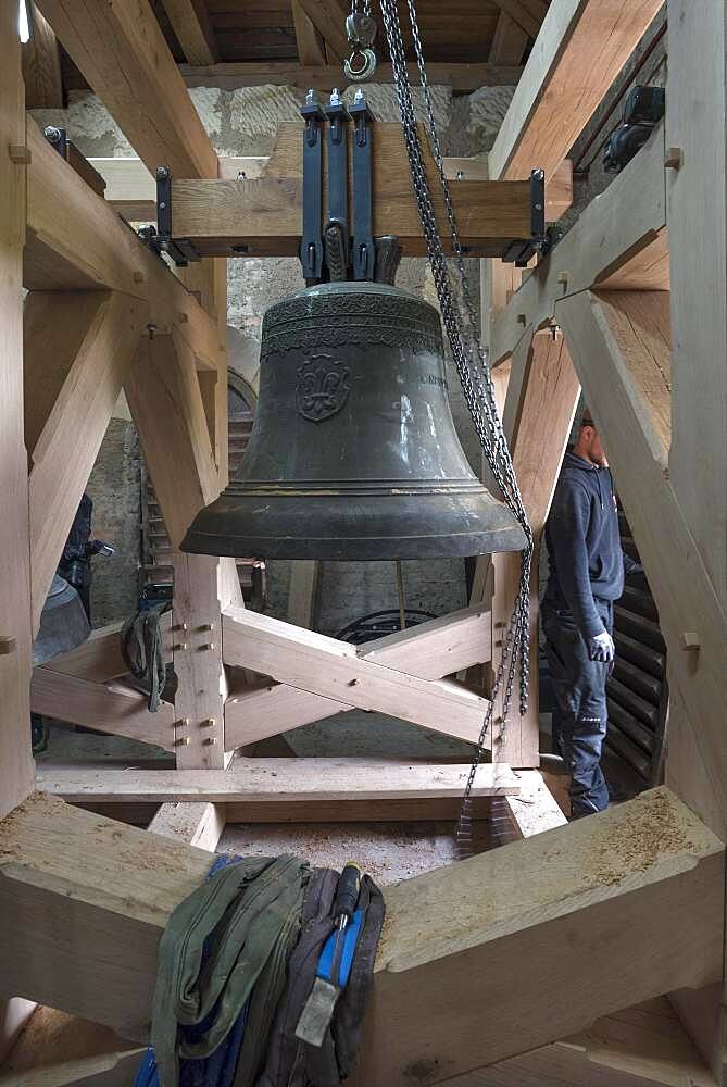 Historical bell in the new belfry, St. Johanniskirche, Neunhof/Lauf, Middle Franconia, Bavaria, Germany, Europe