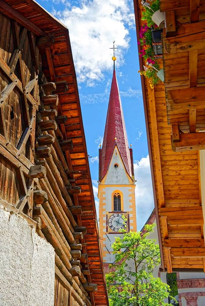 Steeple of the parish church of St. Valentine, Nauders, Tyrol, Austria, Europe