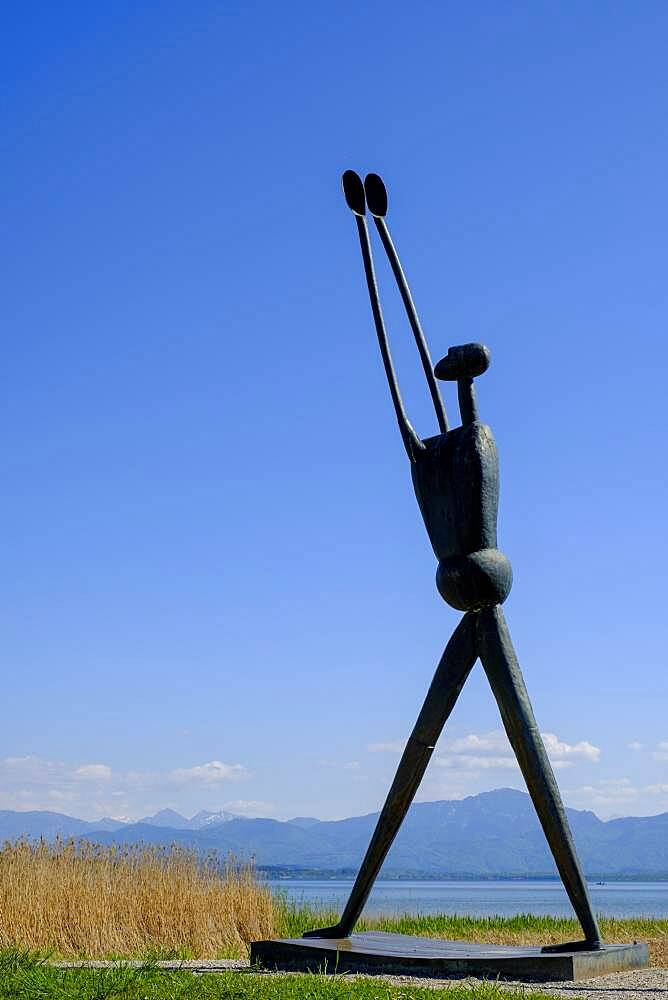 Modern sculpture by Heinrich Kirchner, Proclamation and Encounter, St. Spirit, at the marina in Seebruck, Chiemsee, Chiemgau, Upper Bavaria, Bavaria, Germany, Europe