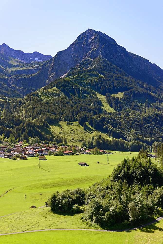 View of the village of Reichenbach and the mountain Rubihorn 1957 m, Allgaeu Alps, Allgaeu, Bavaria, Germany, Europe