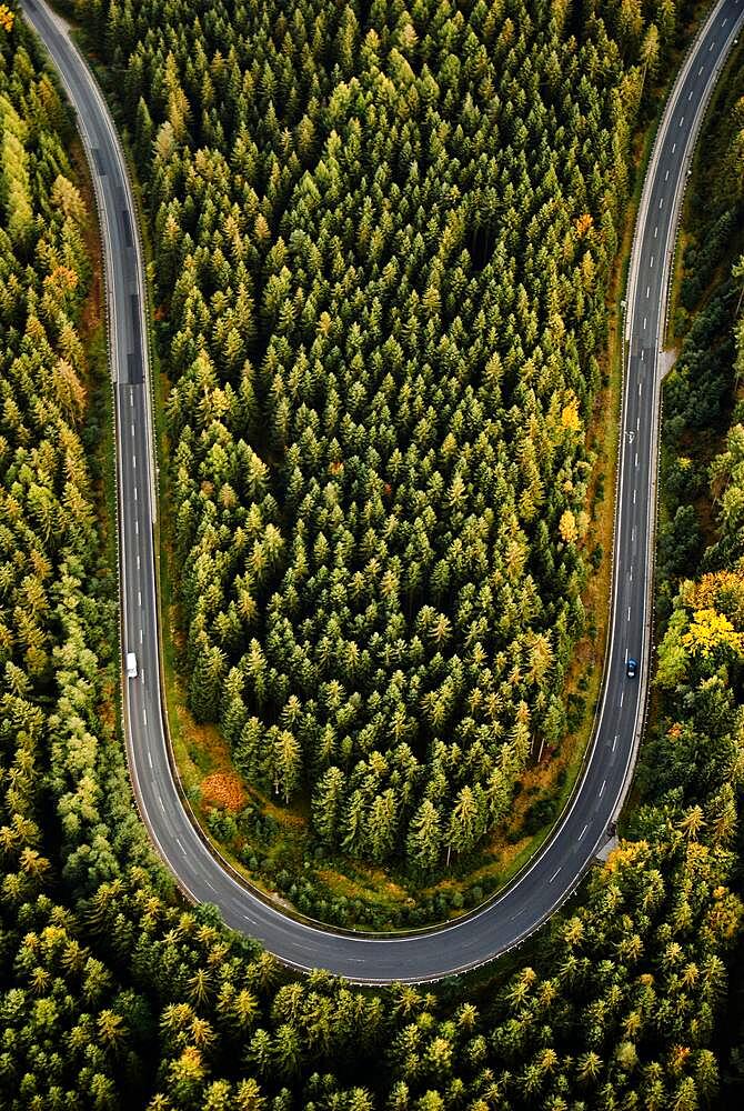 Curve of country road from above in the Thuringian Forest, Thuringia, Germany, Europe