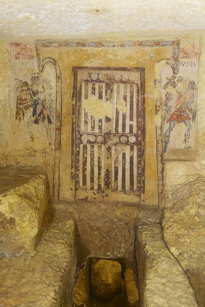 Tomba dei Caronti burial chamber with frescoes from 150, 125 BC, Etruscan Monterozzi necropolis, Tarquinia, Viterbo province, Lazio Latium region, Italy, Europe