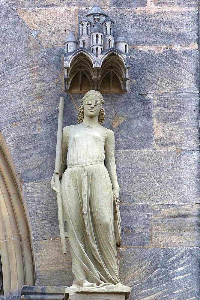 Sculpture of the synagogue, symbolic of Judaism, princely portal c. 1320, Bamberg Cathedral, Bamberg, Upper Franconia, Bavaria, Germany, Europe