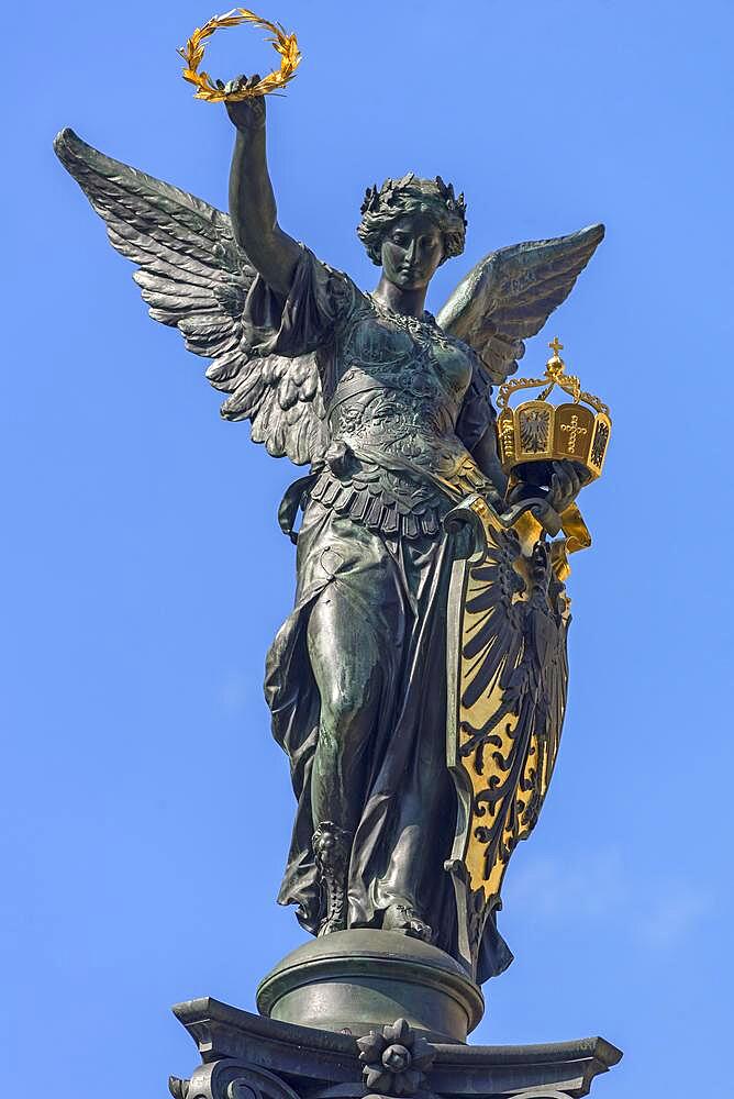 Figure of Victoria on a war memorial, Nuremberg, Middle Franconia, Bavaria, Germany, Europe