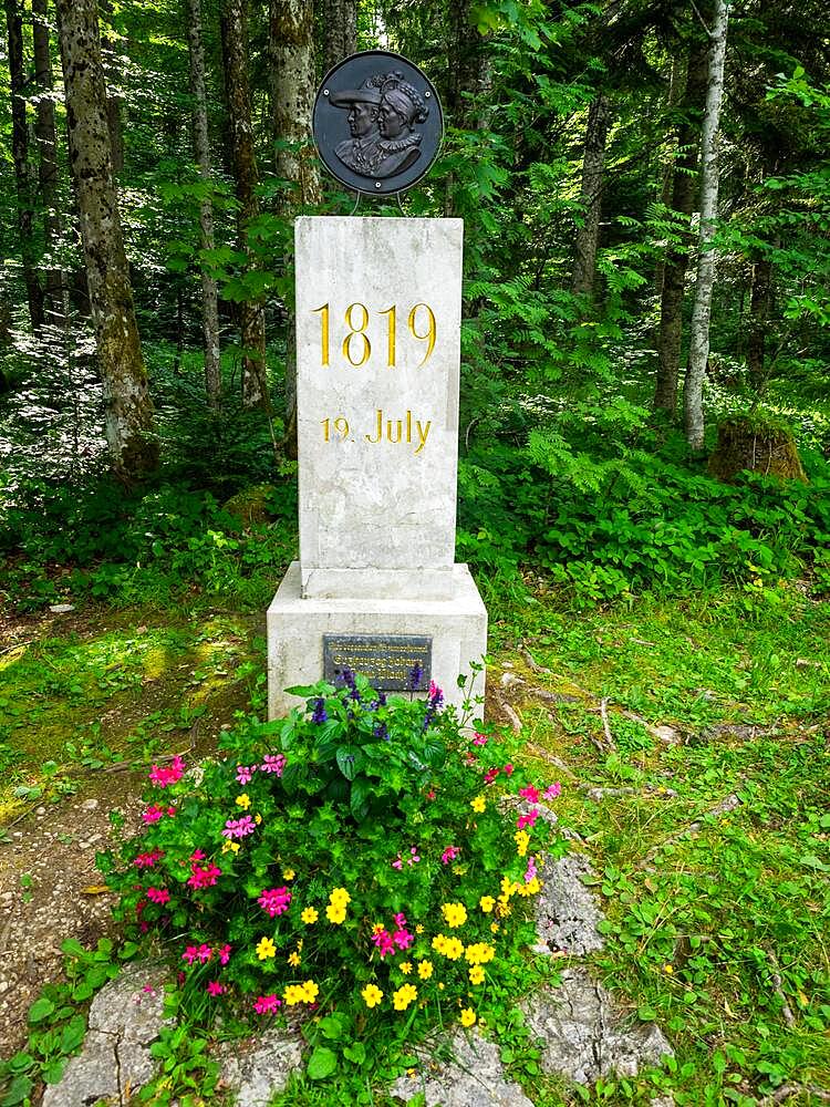 Memorial stone, first meeting between Archduke Johann and Anna Plochl, Toplitzsee, Salzkammergut, Styria, Austria, Europe