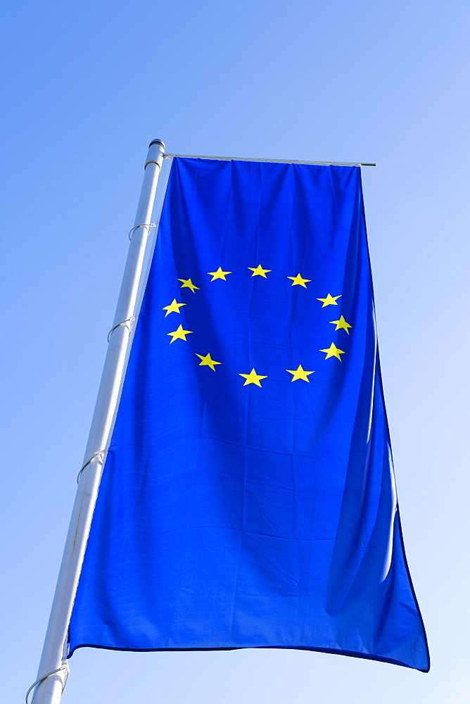 European flag against a blue sky, Bavaria, Germany, Europe
