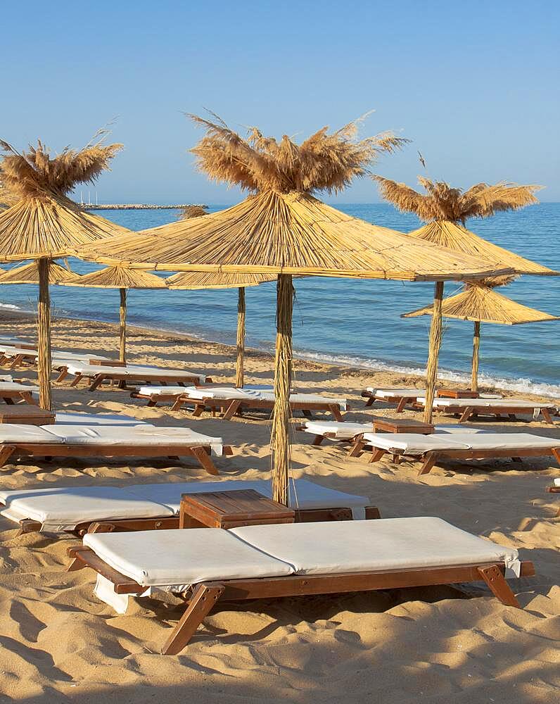 Umbrellas on the beach, St. Constantine and Helena resort, Varna province, Bulgaria, Europe