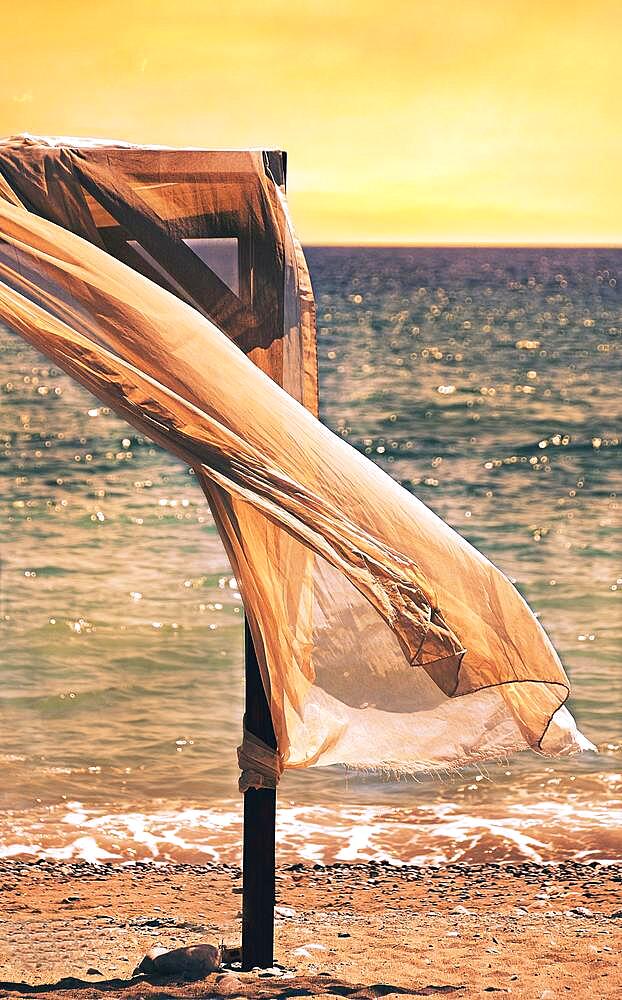 Canopy for beach loungers with curtains, beach, Rhodes, Greece, Europe