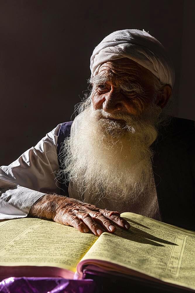 Sufi priest studying the holy Quran in the Shrine of Mawlana Abdur Rahman Jami, Herat's greatest 15th century poet, Herat, Afghanistan, Asia