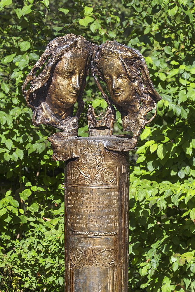 Sculptures by Joseph Michael Neustifter, Monument to Love, Duke Albrecht III and Agnes Bernauer in front of Blutenburg Palace, Obermenzing, Munich, Upper Bavaria, Bavaria, Germany, Europe