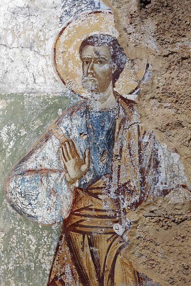 Saint, medieval fresco in the church of Agios Nikolaos, Byzantine ruined town of Mistra, Mystras near Sparta, Laconia, Peloponnese, Greece, Europe