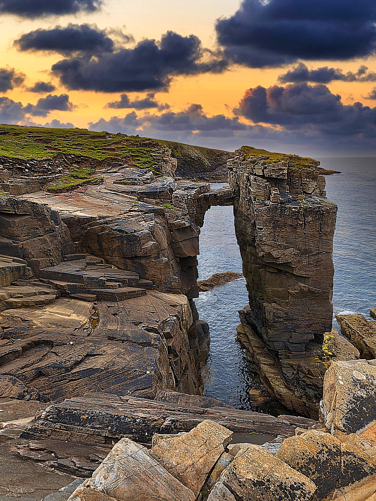 Rock Needle with Bridge, Old Red Sandstone Cliffs, Yesnaby Coastal Walk, Sunset, Sandwick, Mainland, Orkney, Scotland, United Kingdom, Europe