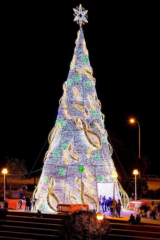 Illuminated Christmas tree, Christmas atmosphere, Advent season in Palma De Majorca, Parc de la Mar, Palma, Majorca, Spain, Europe