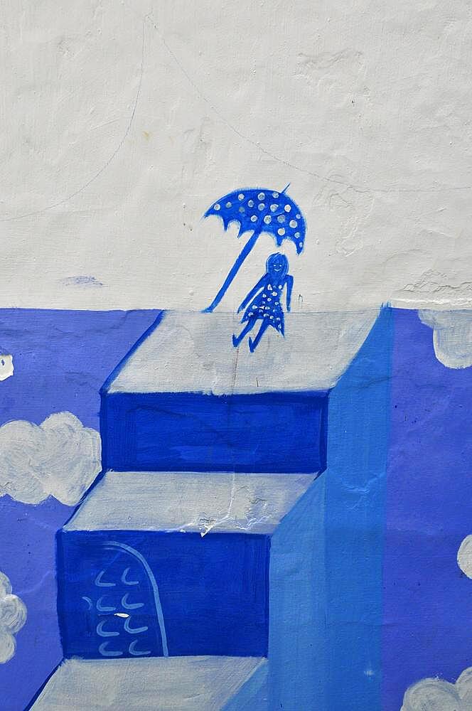 Mural with girl and stairs, Asilah, Northern Morocco, Tangier-Tetouan-Al Hoceima region, Morocco, Africa