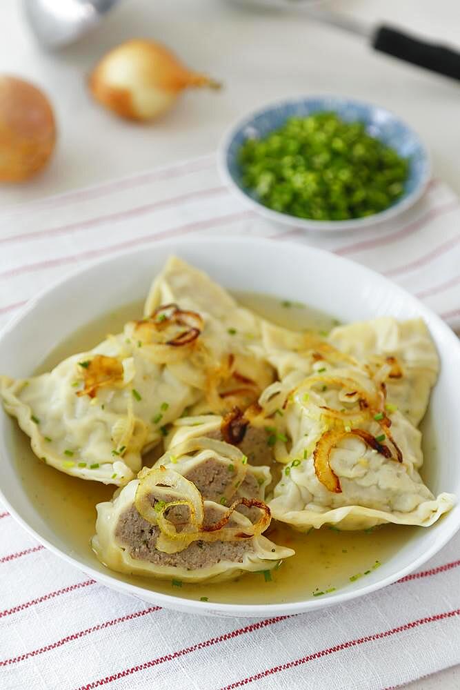 Swabian cuisine, Maultaschen in broth with stewed onions, soup plate, Germany, Europe