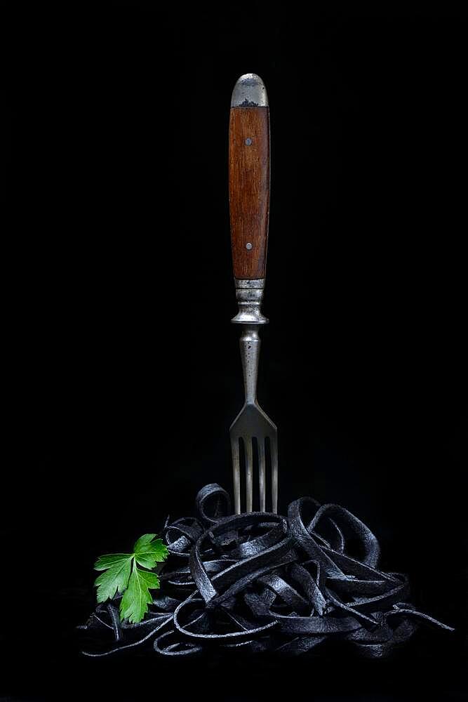 Black pasta with squid ink with fork, Tagliolini al Nero di Seppia, Italy, Europe