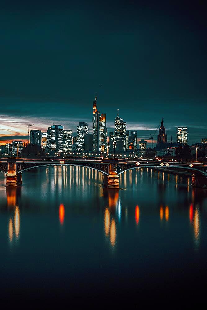 View of Frankfurt and the illuminated Frankfurt skyline, Commerzbank, Hessische Landesbank, Deutsche Bank, European Central Bank, Skyper, Sparkasse, DZ Bank, long exposure, sunset, night shot in Petrol style, Frankfurt, Hesse, Germany, Europe