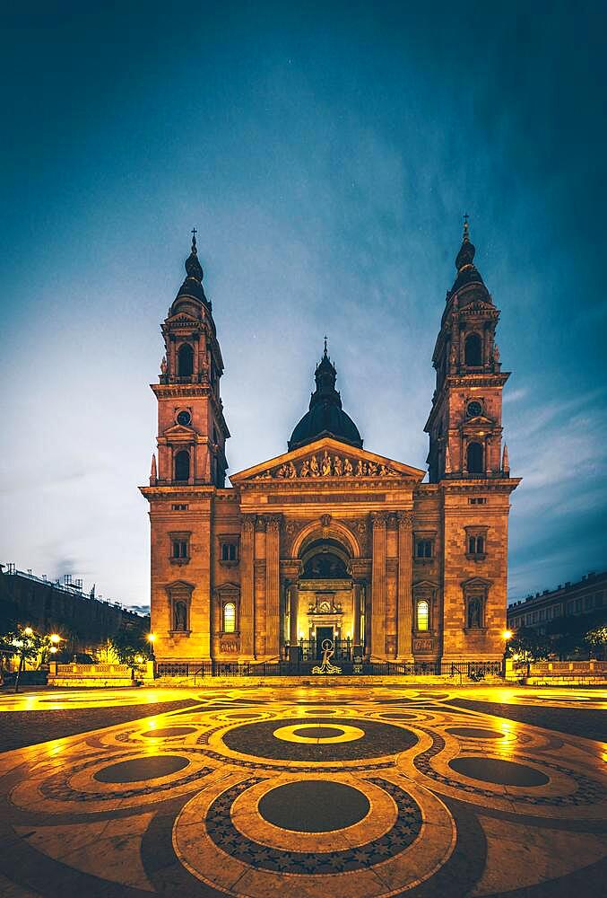 St. Stephen's Basilica night view, city view with ornaments on the ground, church, cathedral, Budapest, Hungary, Europe