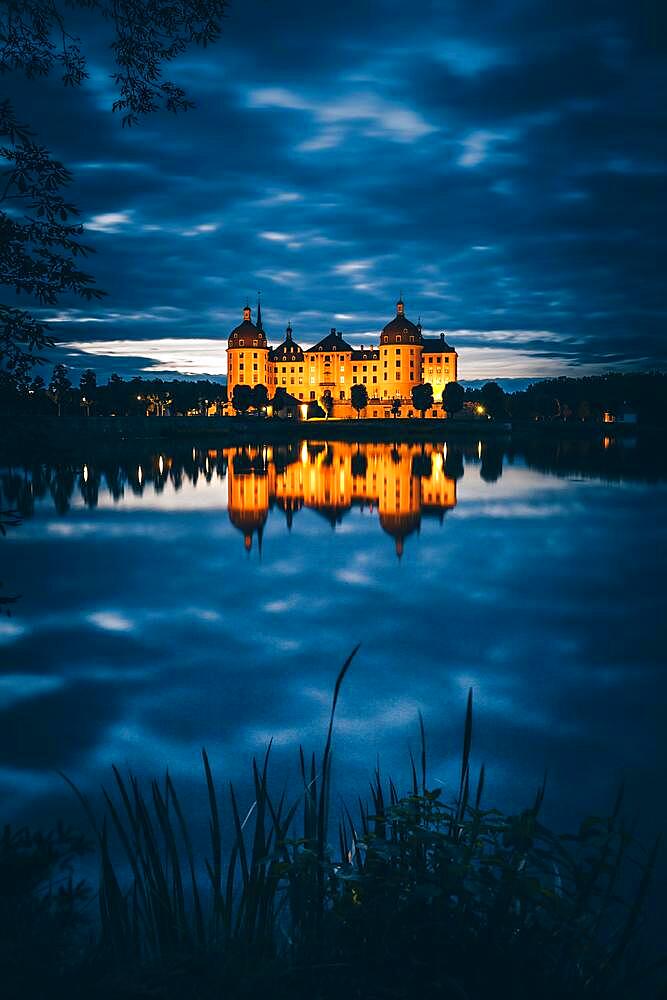 Illuminated Moritzburg Castle at dusk, blue hour, water reflection in the lake, Saxony, Germany, Europe