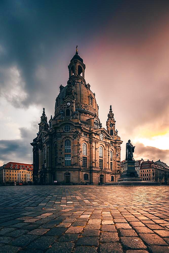 Church of Our Lady at sunrise, Neumarkt, Dresden, Saxony, Germany, Europe