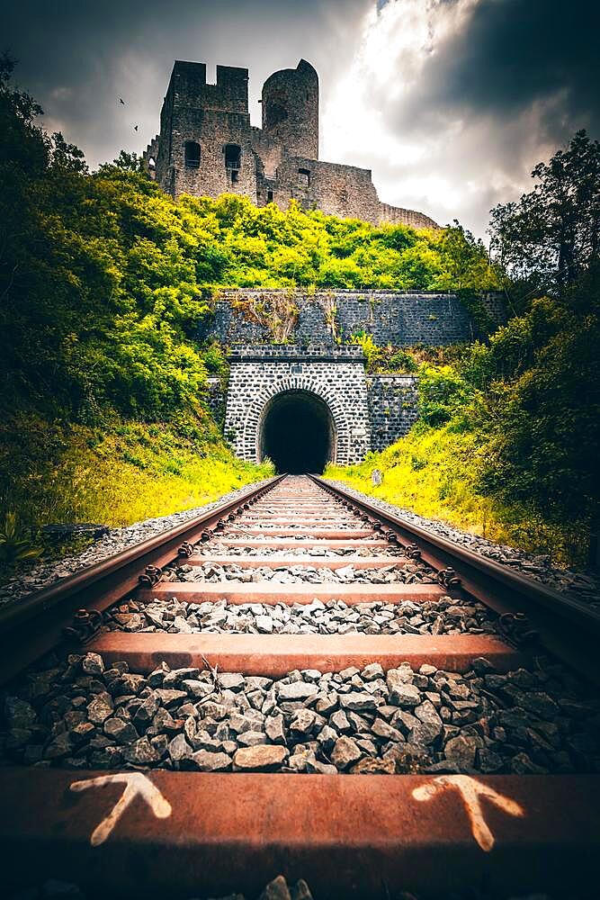 Ruin of the Loewenburg, with railway tunnel Monreal, Rhineland-Palatinate, Germany, Europe