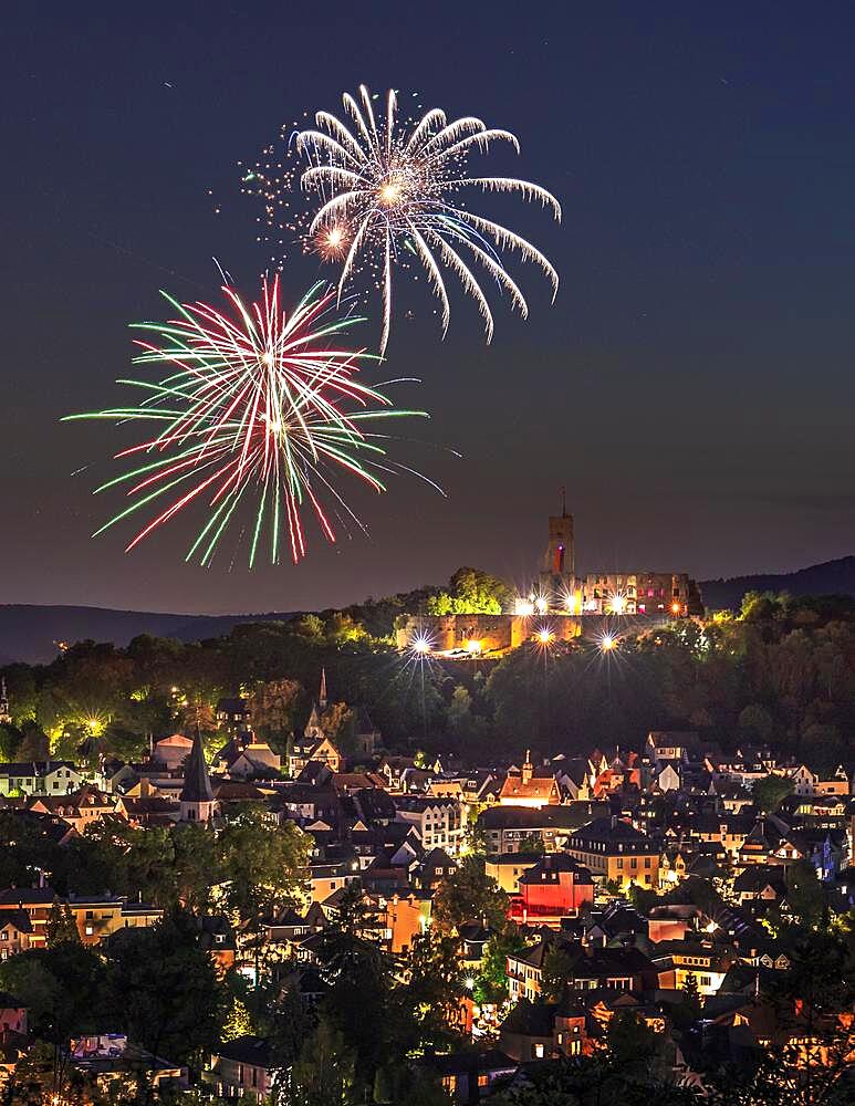 View over an old town with castle and fireworks, Koenigstein, Taunus, Hesse, Germany, Europe