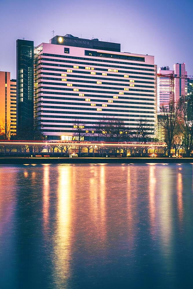 Long exposure of the Intercontinental Hotel with Corona Heart, Frankfurt am Main, Hesse, Germany, Europe