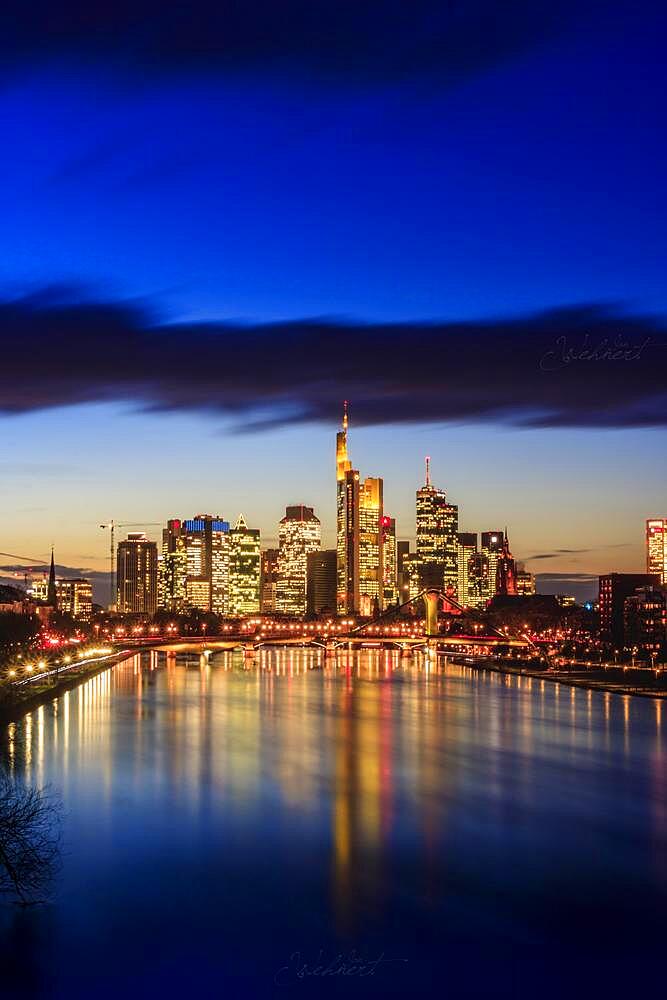 View over the Main river. Frankfurt am Main skyline at night, long exposure, Frankfurt am Main, Hesse, Germany, Europe