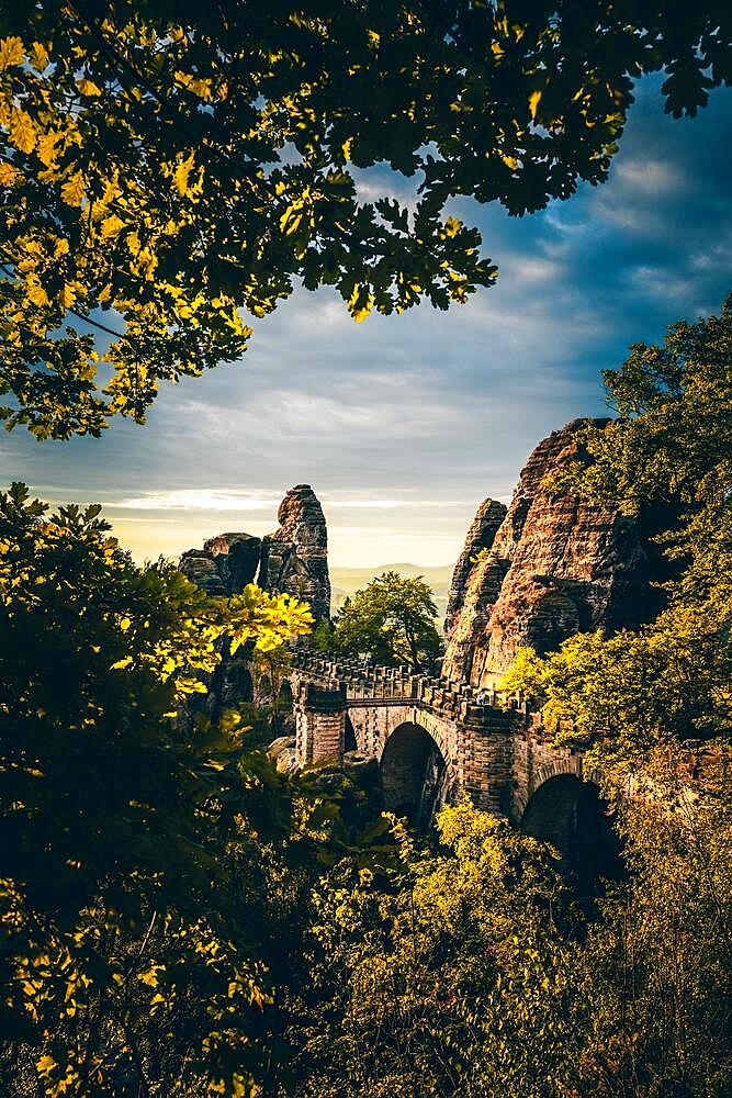 Sunrise at the Bastei Bridge, Bastei near Rathen, Elbe Sandstone Mountains, National Park Saxon Switzerland, Saxony, Germany, Europe