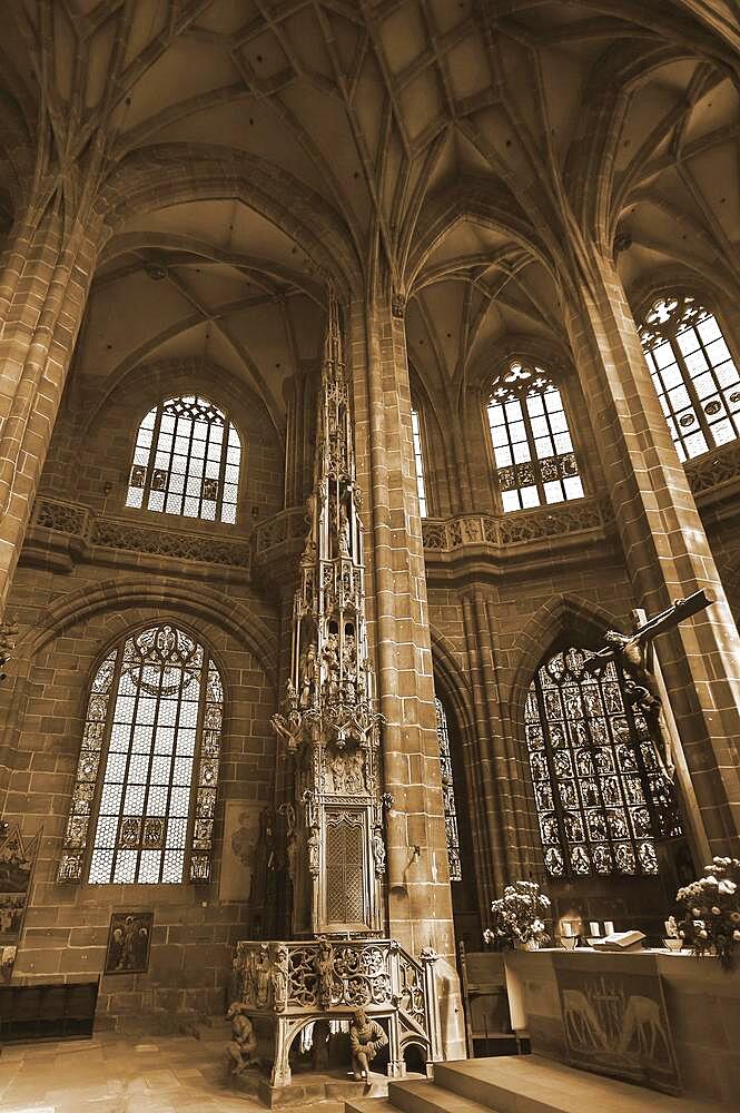 Sacrament box, built 1493-96, by Adam Kraft, St. Lorenzkirche, a 20, 11 metre high tabernacle made of sandstone, Nuremberg, Middle Franconia, Bavaria, Germany, Europe