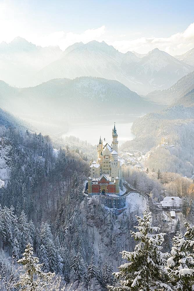 Neuschwanstein Castle, near Fuessen, winter, Ostallgaeu, Allgaeu, Bavaria, Germany, Europe