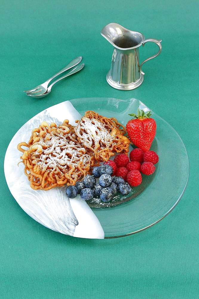 Swabian cuisine, Striebele with icing sugar and fresh berries, strawberry, blueberries, raspberries, fat baked, dessert, dessert, Germany, Europe