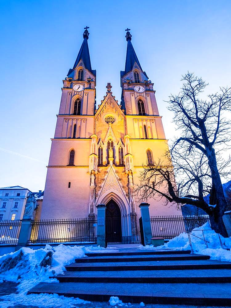 Illuminated facade of Admont Abbey, Gesaeuse, Styria, Austria, Europe