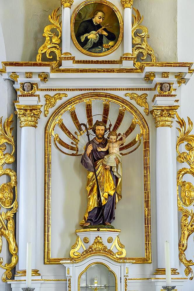 Side altar with saint figure, Church of St. Ulrich, Rechtis, Allgaeu, Bavaria, Germany, Europe