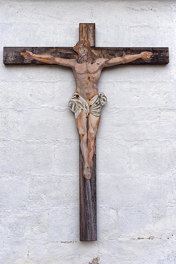 Old wooden cross, the Jesus figure is made of flat sheet metal, Neunkirchen am Sand, Middle Franconia, Bavaria, Germany, Europe