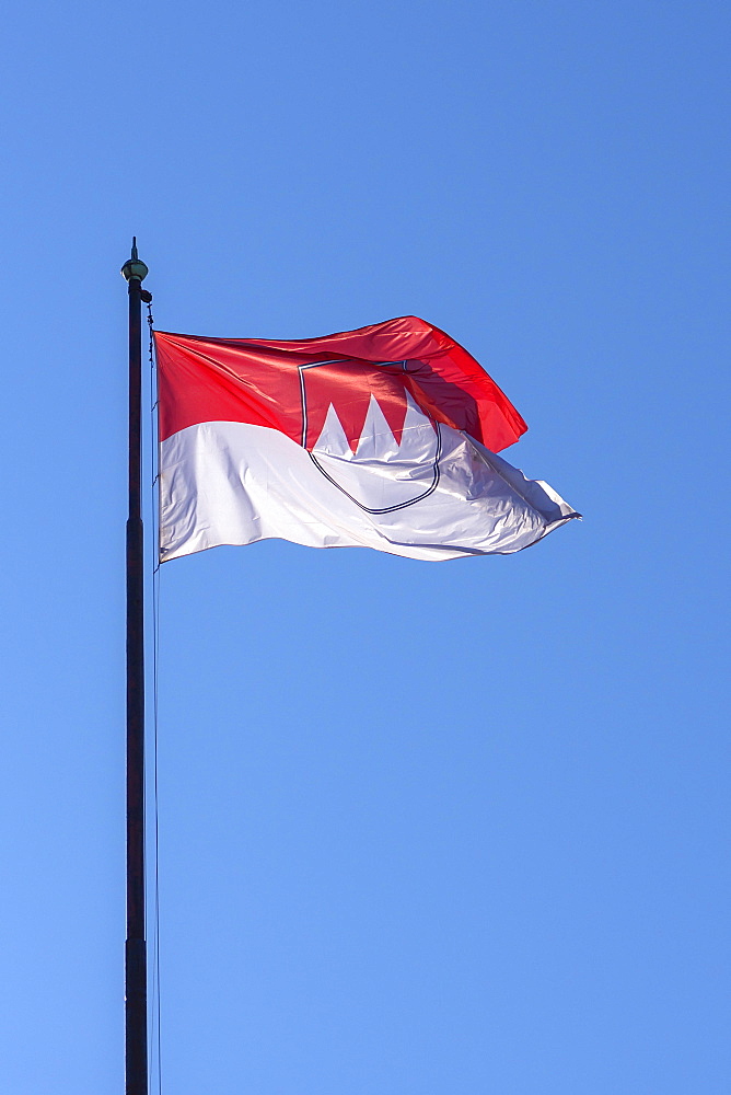 Waving Franconian flag in the blue sky, Nuremberg, Middle Franconia, Bavaria, Germany, Europe