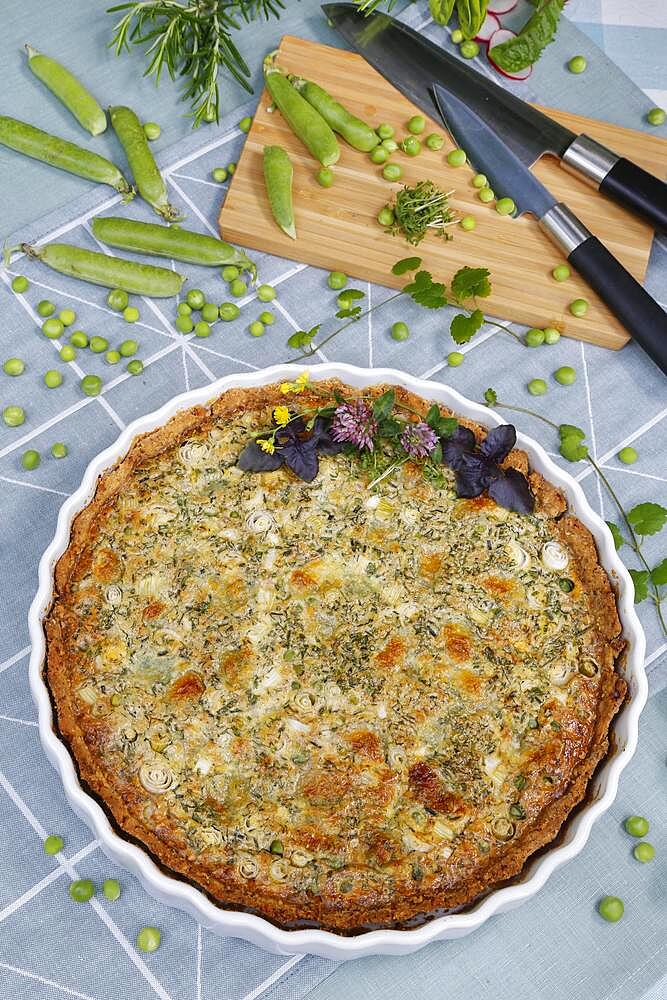 Southern German cuisine, baking, hearty vegetable cake with walnut base, peas, wild herbs and spring onions, quiche dish, tart dish, ceramic baking dish, wooden board, Germany, Europe