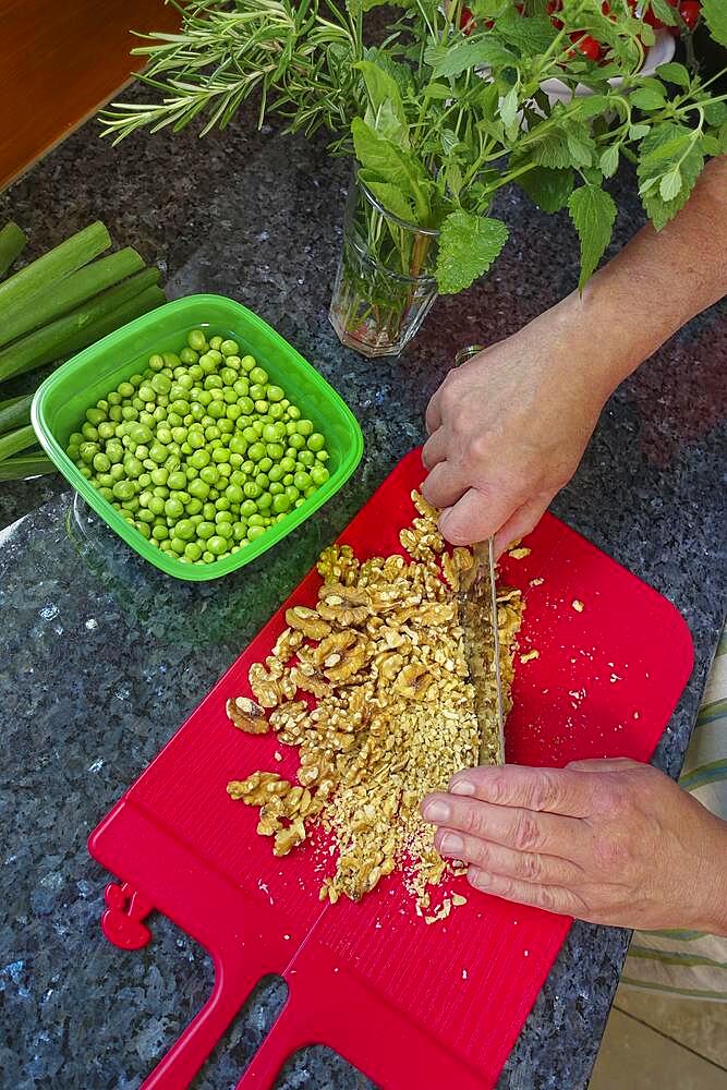 Southern German cuisine, baking, preparing hearty vegetable cake with walnut base, chopping walnuts with knife, chopping, red chopping board, men's hands, peas, herbs, Germany, Europe