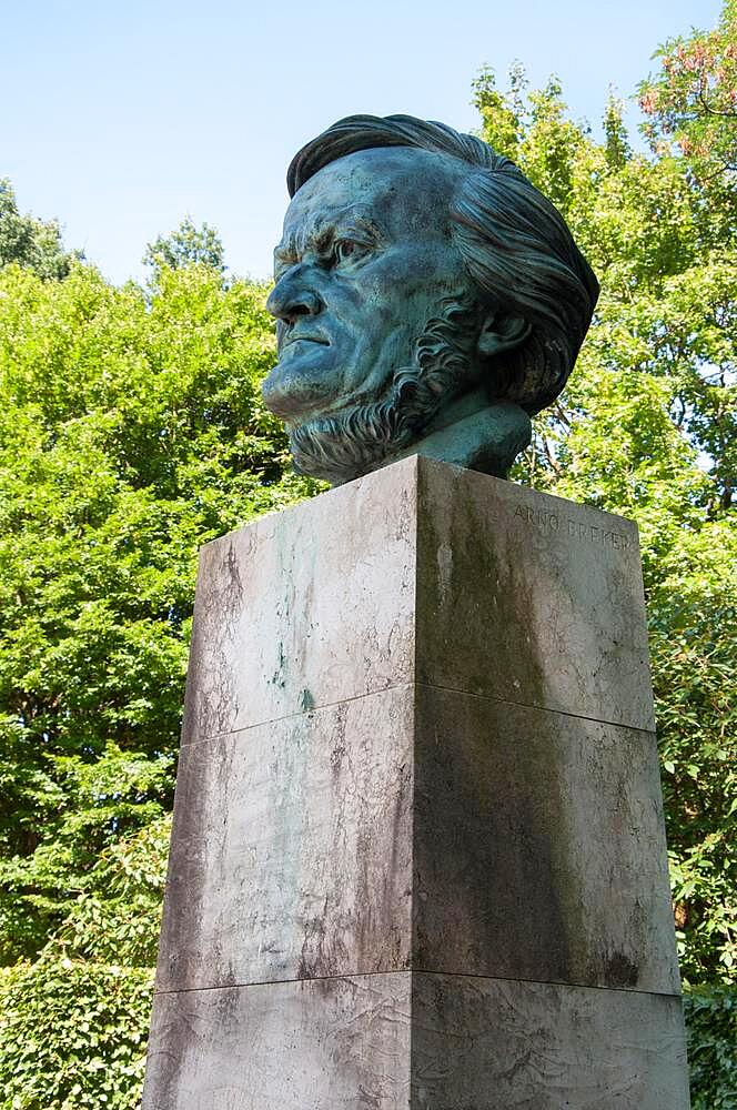 Richard Wagner bust on the festival hill, decked out in beautiful sunshine during the Wagner Festival, Bayreuth Festival, Bavaria