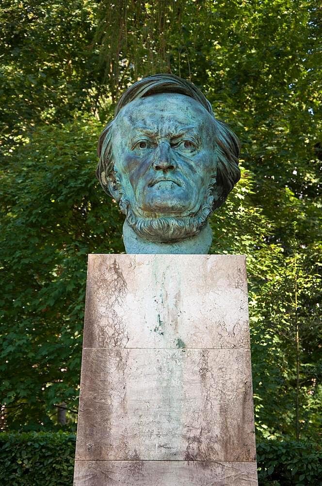 Richard Wagner bust on the festival hill, decked out in beautiful sunshine during the Wagner Festival, Bayreuth Festival, Bavaria