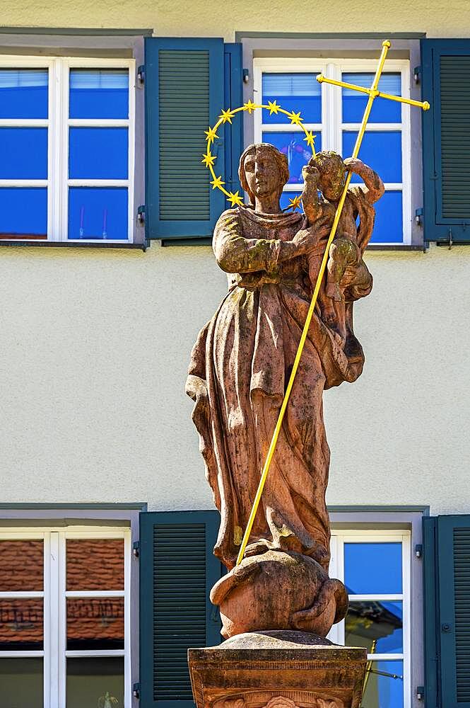 Figure of the Virgin Mary with baby Jesus and wreath of stars, Wangen im Allgaeu, Baden-Wuerttemberg, Germany, Europe